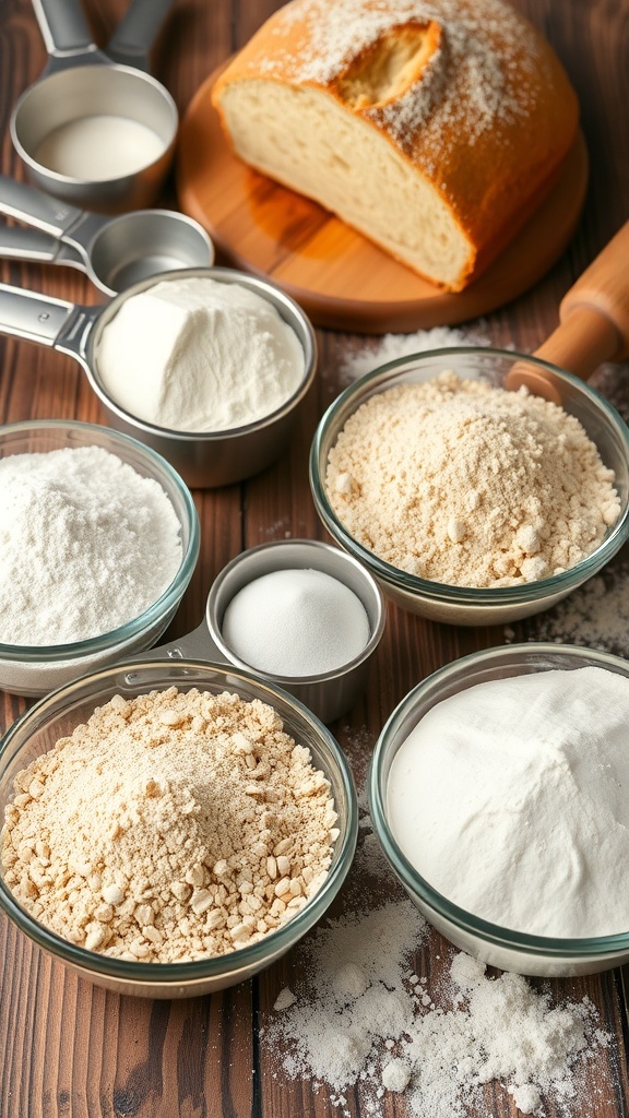 Various types of flour in bowls with measuring tools and a loaf of bread on a wooden table.